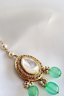Gold Plated Green Kundan Polki Handcrafted Maangtikka In Sterling Silver