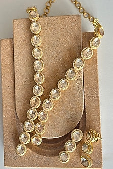 Gold Plated Kundan Polki Handcrafted Long Necklace Set In Sterling Silver