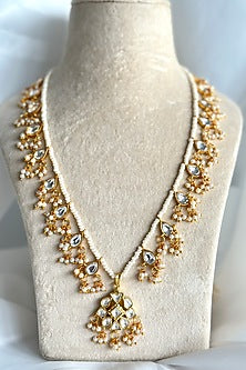 Gold Plated Kundan Polki Long Necklace In Sterling Silver