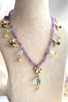 Gold Plated Kundan Polki Long Necklace In Sterling Silver
