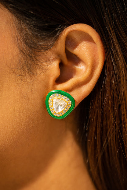 Gold Plated Kundan Polki Stud Earrings In Sterling Silver