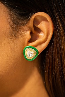 Gold Plated Kundan Polki Stud Earrings In Sterling Silver