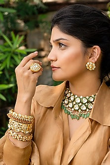 Gold Plated Kundan Polki Handcrafted Stud Earrings In Sterling Silver