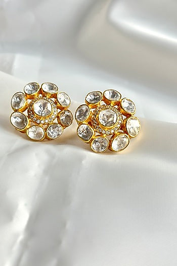 Gold Plated Kundan Polki Handcrafted Stud Earrings In Sterling Silver