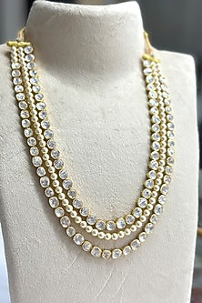 Gold Plated Kundan Polki Handcrafted Long Necklace Set In Sterling Silver