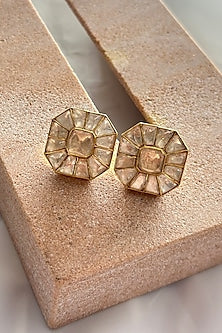 Gold Plated Kundan Polki Handcrafted Stud Earrings In Sterling Silver