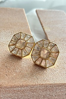 Gold Plated Kundan Polki Handcrafted Stud Earrings In Sterling Silver