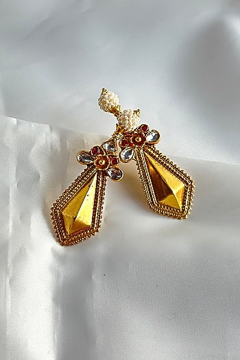 Gold Plated Kundan Polki Handcrafted Dangler Earrings In Sterling Silver