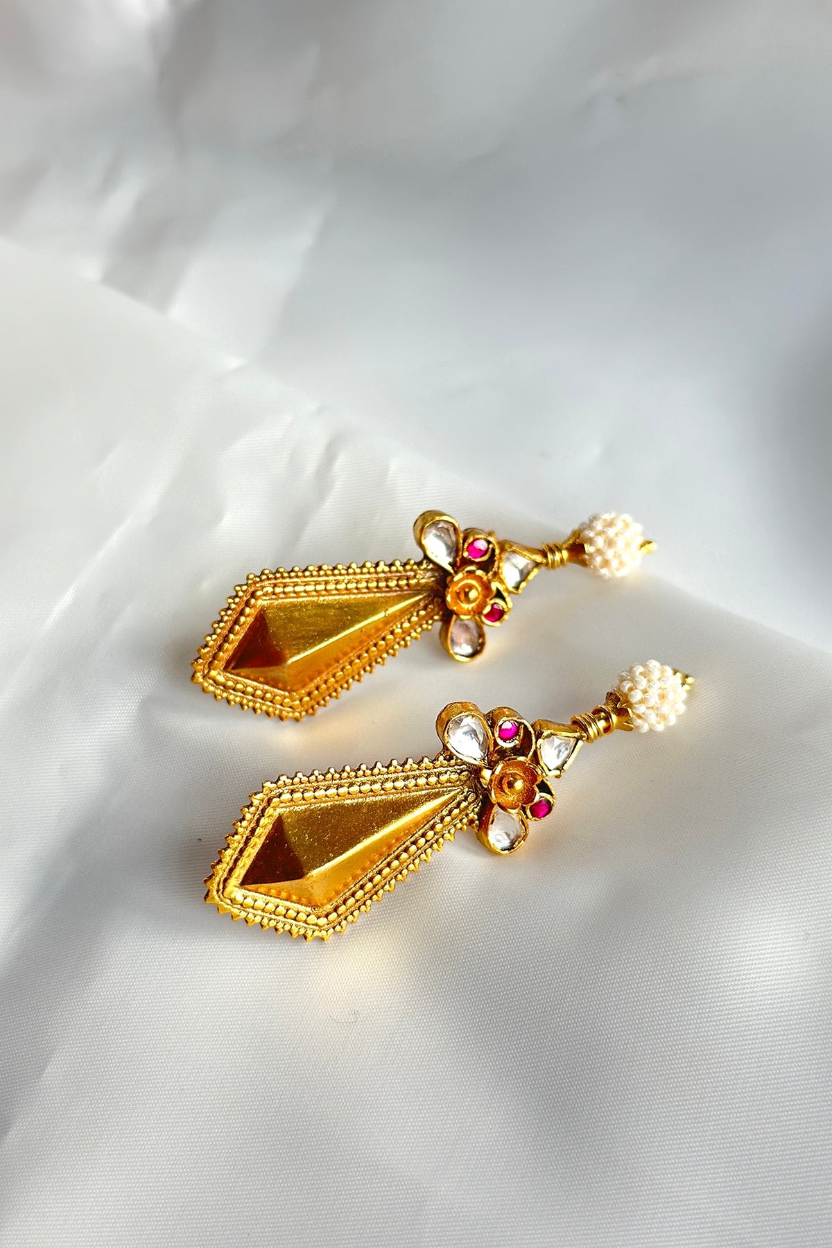 Gold Plated Kundan Polki Handcrafted Dangler Earrings In Sterling Silver