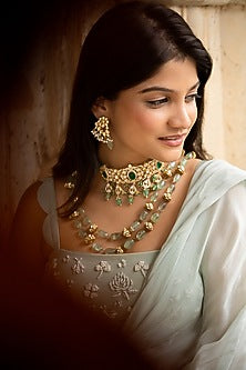 Gold Plated Kundan Polki Handcrafted Dangler Earrings In Sterling Silver