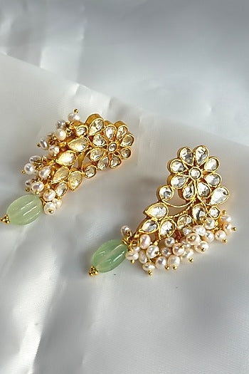 Gold Plated Kundan Polki Handcrafted Dangler Earrings In Sterling Silver