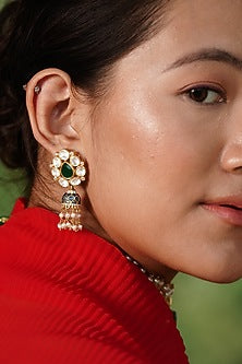 Gold Plated Kundan Polki Handcrafted Dangler Earrings In Sterling Silver