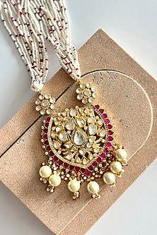 Gold Plated Red Kundan Polki Handcrafted Long Necklace In Sterling Silver
