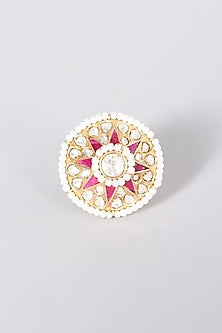 Gold Plated Kundan Polki Adjustable Ring In Sterling Silver