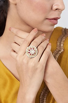 Gold Plated Kundan Polki Adjustable Ring In Sterling Silver