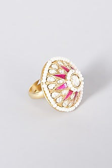 Gold Plated Kundan Polki Adjustable Ring In Sterling Silver