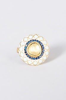 Gold Plated Adjustable Ring With Kundan Polki In Sterling Silver