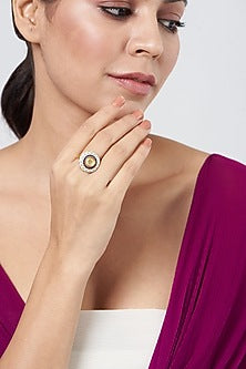 Gold Plated Adjustable Ring With Kundan Polki In Sterling Silver