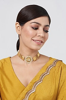 Gold Plated Choker Necklace With Kundan Polki In Sterling Silver