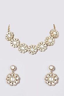 Gold Plated Kundan Polki Necklace Set In Sterling Silver