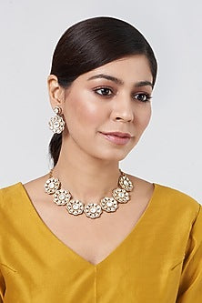 Gold Plated Kundan Polki Necklace Set In Sterling Silver