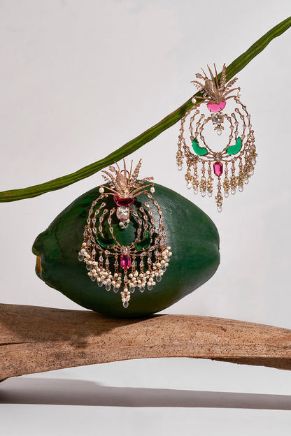 Rose Gold Plated Cubic Zircon & Cabochon Palm Le Grande Chandbali Earrings