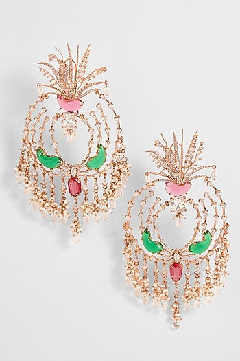 Rose Gold Plated Cubic Zircon & Cabochon Palm Le Grande Chandbali Earrings
