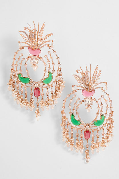 Rose Gold Plated Cubic Zircon & Cabochon Palm Le Grande Chandbali Earrings