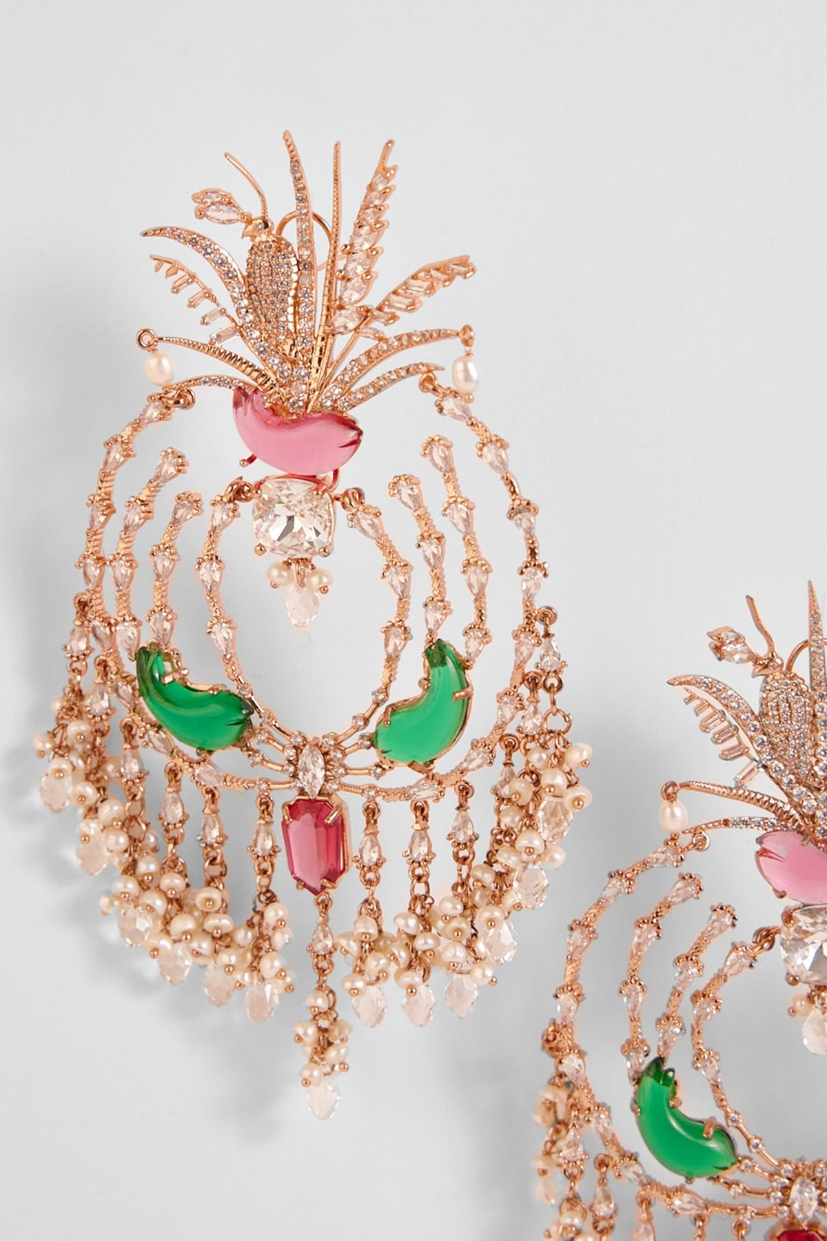 Rose Gold Plated Cubic Zircon & Cabochon Palm Le Grande Chandbali Earrings