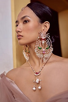 Rose Gold Plated Cubic Zircon & Cabochon Palm Le Grande Chandbali Earrings