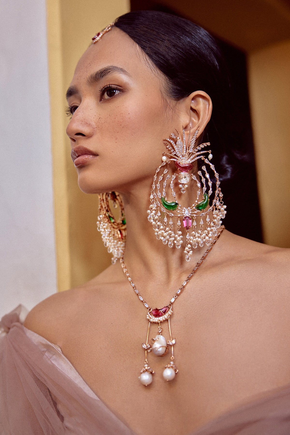 Rose Gold Plated Cubic Zircon & Cabochon Palm Le Grande Chandbali Earrings