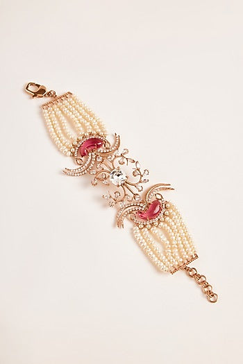 Rose Gold Plated Carved Stone Le Palm Double Fish Bracelet