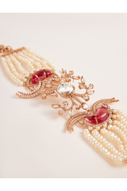 Rose Gold Plated Carved Stone Le Palm Double Fish Bracelet