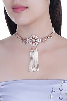 Matte Rose Gold Plated Crystal & Pearl Choker Necklace