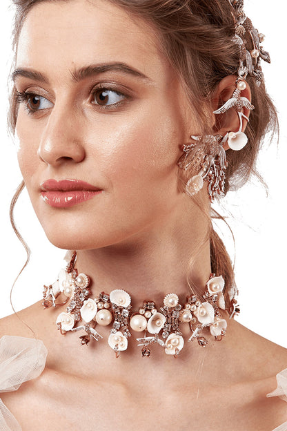Rose Gold Plated Handcrafted Motifs Choker Necklace With Pearl