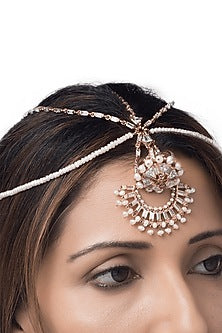 Rose Gold Plated Borla Maang Tikka With Pearls