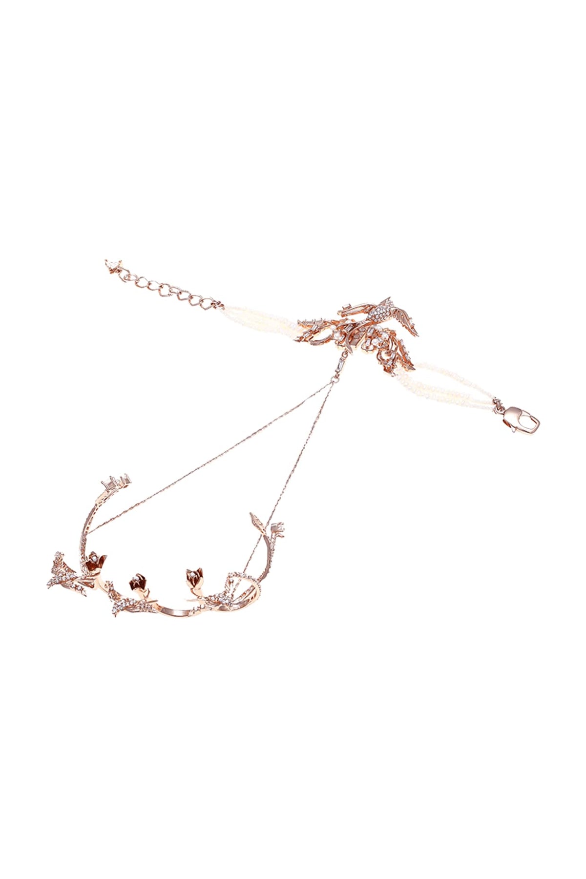 Rose Gold Plated Crystal & Pearl Ring Hand Harness