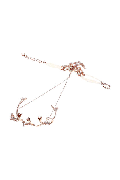 Rose Gold Plated Crystal & Pearl Ring Hand Harness