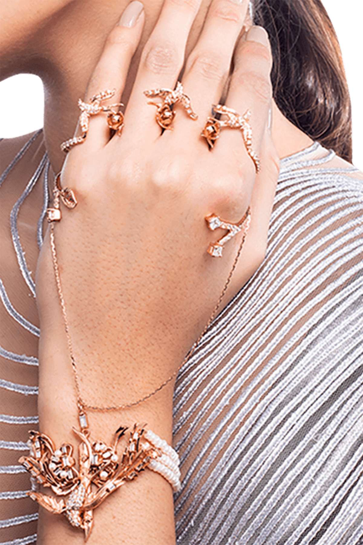 Rose Gold Plated Crystal & Pearl Ring Hand Harness