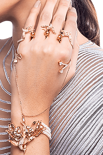 Rose Gold Plated Crystal & Pearl Ring Hand Harness