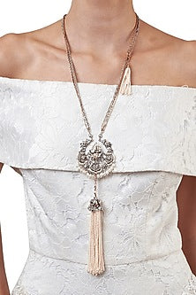 Silver Finish Pearls & Swarovski Crystals Tasseled Pendant