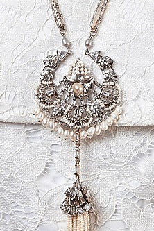 Silver Finish Pearls & Swarovski Crystals Tasseled Pendant