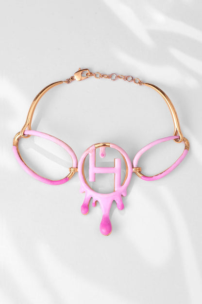 Gold Plated Pink Enamelled Link Choker Necklace