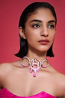 Gold Plated Pink Enamelled Link Choker Necklace