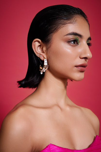 Gold Plated White Enamelled Hoop Earrings
