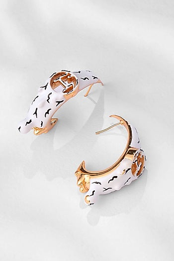 Gold Plated White Enamelled Hoop Earrings