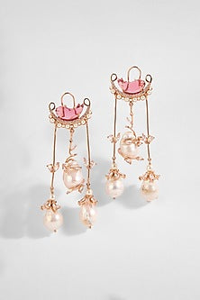 Rose Gold Plated Cubic Zirconia & Baroque Pearl Dangler Earrings