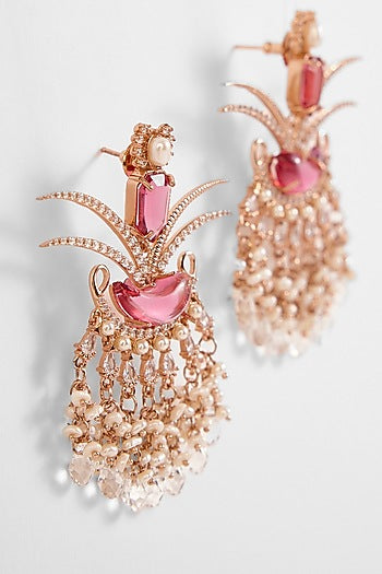 Rose Gold Plated Cubic Zirconia & Natural Pearl Dangler Earrings