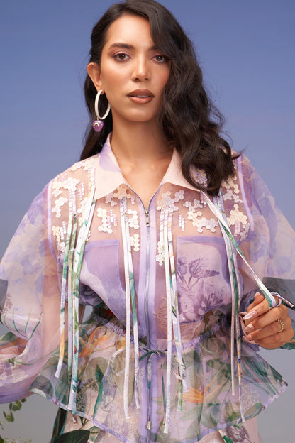 Periwinkle Organza Fringed Hand Embellished Jacket Set