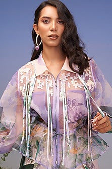 Periwinkle Organza Fringed Hand Embellished Jacket Set